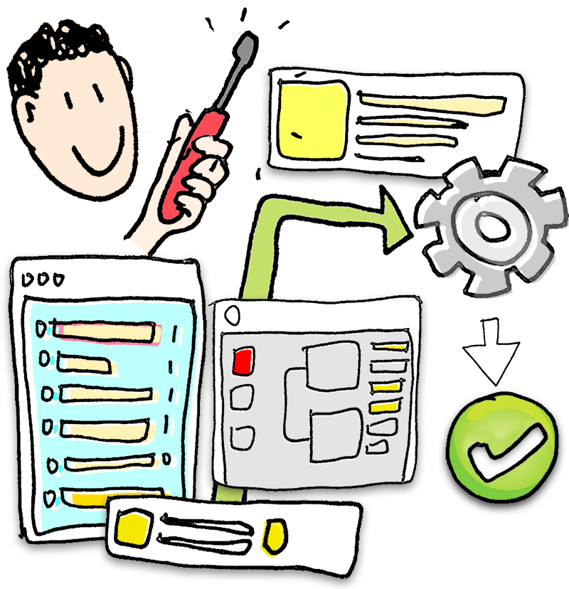 Illustration: a friendly cartoon figure is fixing a complex web site